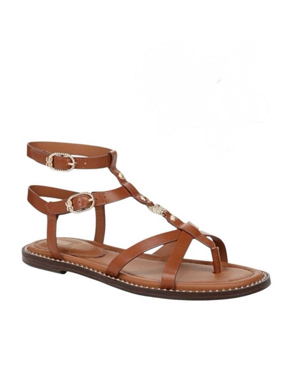Sam Edelman Talya Brown Leather T-Strap Flat Sandals with Ankle Buckles
